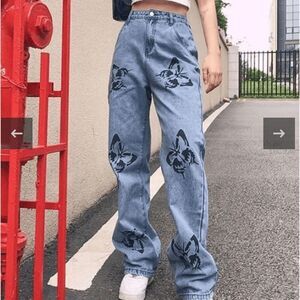 Butterfly Print High Rise Boyfriend Jeans Small